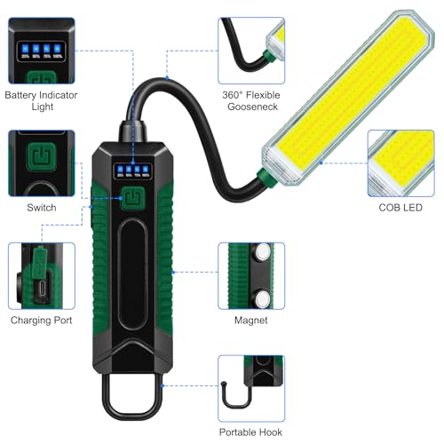 LED Work Light with 360° Flexible Gooseneck, Rechargeable 2000mAh Magnetic Mechanic Light, 5 Modes COB Inspection Lamp with Hook, USB-C Portable Flashlight for Auto Repair, Camping, Workshop