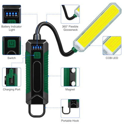 LED Work Light with 360° Flexible Gooseneck, Rechargeable 2000mAh Magnetic Mechanic Light, 5 Modes COB Inspection Lamp with Hook, USB-C Portable Flashlight for Auto Repair, Camping, Workshop