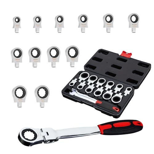Flex Head Ratcheting Wrench set, 12 in 1 Exchangeable Ratchet Set, 8-19mm Metric & SAE Combination Wrench Set for Auto, Mechanic Flexible Wrench Kit, Auto Repair Tools for Men