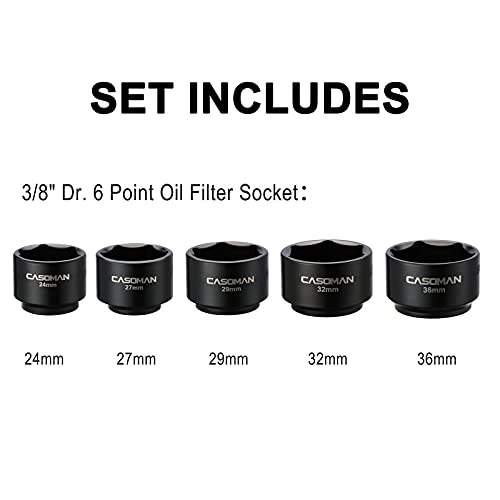 CASOMAN 5 Pieces 3/8" Drive Low Profile Oil Filter Socket Set, Oil Filter Cap Remover and Installer Tool Set, 6 Point, 24mm 27mm, 29mm, 32mm, 36mm, CR-V