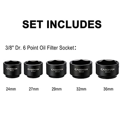 CASOMAN 5 Pieces 3/8" Drive Low Profile Oil Filter Socket Set, Oil Filter Cap Remover and Installer Tool Set, 6 Point, 24mm 27mm, 29mm, 32mm, 36mm, CR-V