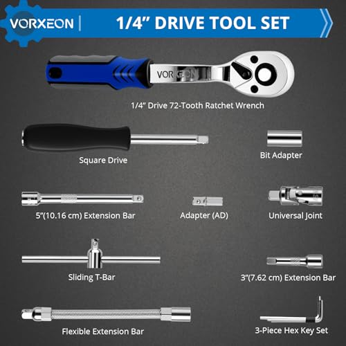 82-Piece 1/4" Drive Sockets with 72-Tooth Ratchet Wrench Set, Metric Shallow and Deep Sockets 4-14mm, 44 Bits, Flex Extension, Universal Joint, Storage Case - size: 82-PCS 1/4" Socket Ratchet Wrench Set