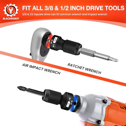 BLACKROBOT 2PCS Quick Release Impact Bit Holders 1/2-Inch & 3/8-Inch Square Drive to 1/4-Inch Hex Socket Adapter, CR-MO Steel - size: 3/8+1/2 Impact Bit Holder