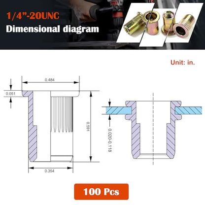 Rivet Nut, Ktehloy 100Pcs 1/4"-20UNC Carbon Steel Flat Head Rivnut Threaded Insert Nut, Zinc Plated Carbon Steel Nut Inserts, Knurled Body (1/4''-20) - size: 1/4"-20 - 100 Pcs