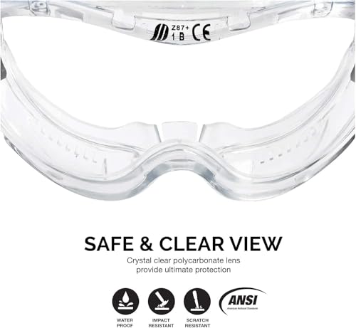 Neiko Pro 53875B Clear Protective Lab Safety Goggles, Chemistry Lab Goggles, Scientific, Construction Goggles, Contractor, Woodworking, Anti-Fog and Splash, Includes Indirect Vent for Men and Women