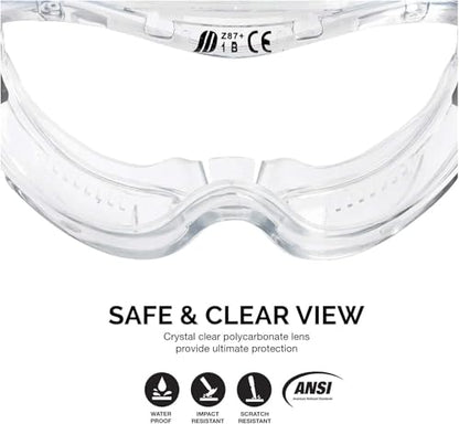 Neiko Pro 53875B Clear Protective Lab Safety Goggles, Chemistry Lab Goggles, Scientific, Construction Goggles, Contractor, Woodworking, Anti-Fog and Splash, Includes Indirect Vent for Men and Women