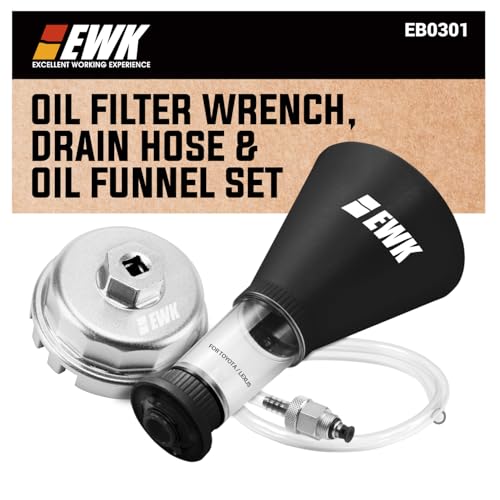 EWK 64mm Oil Filter Wrench, Drain Hose & Oil Funnel Set, Complete No-Mess Forged Aluminum Oil Change Kit for Toyota, Lexus, Scion 2.0L - 5.7L Engines - style: Drain Tool Set + Funnel