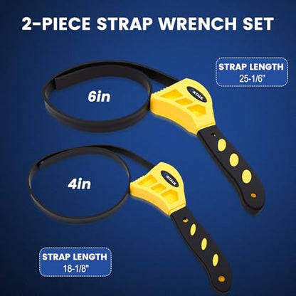 2-Pack Rubber Strap Wrench Set, 4" & 6" Oil Filter Wrench and Jar Opener for Plumbing, Water Filter, Sink Drain & Tub Drain Removal | Non-Slip Adjustable Universal Tool