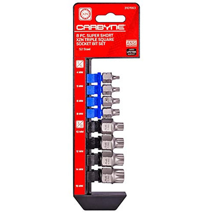 CARBYNE 8-Piece XZN Triple Square Stubby Low Profile Bit Socket Set, 4mm to 16mm, 12 Point Spline, S2 Steel, Dual Drive Internal Square and External Hex for Tight Confined Spaces - size: XZN Triple Square