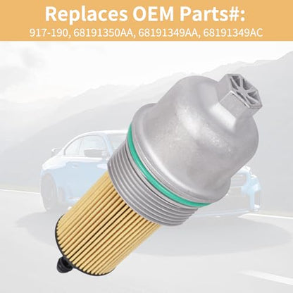 Aluminum Oil Filter Housing Cap with Filter Assembly & 24mm Wrench Socket Fits 2014-2023 Chrysler, Dodge, Jeep, Ram 3.6L V6 Engines Replaces Parts# 917-190, 68191350AA