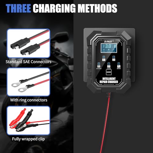 E-FAST 1.5A Smart Car Battery Charger,Lifepo4 Lead Acid 6V and 12V Automotive Charger,Automobile Trickle Charger,All in 1 Battery Maintainer,for Motorcycle AGM Lawn Mower Boat Marine Batteries
