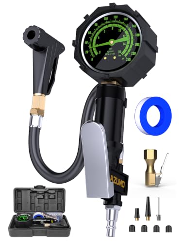 Bike Tire Inflator with 230 PSI Dual-Scale Glow Analog Pressure Gauge, Universal Presta & Schrader Locking Air Chuck for Air Compressor, 360° Swivel Hose, Brass Chuck, Inflation Kit with Storage Case - size: Analog with Box