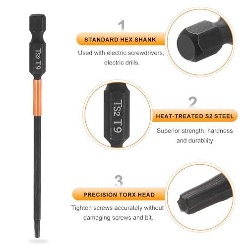 HARFINGTON 3pcs T9 Torx Head Screwdriver Bit 4" (100mm) Long 1/4" Hex Shank Magnetic No Hole Tamper Proof 6 Point Star Screw Driver Drill Bits Phosphate S2 Steel Industrial Power Tools - size: T9 x 100mm