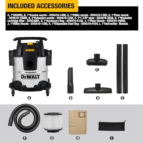 DEWALT DXV05S 5 Gallon 4 Peak HP Shop Vacuum Wet and Dry with Blower | Heavy-Duty Shop Vac, 10ft Cord, 7ft x 1-7/8" Hose, 9 Accessories, for Jobsite, Workbench and Garage