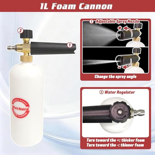 Foam Cannon Kit for Car Wash, Short Pressure Washer Gun with 1L Foam Cannon, Dual Connector Accessory – 1/4" Quick Connect, 5 Nozzle Tips, 3600 PSI, 2.5 GPM
