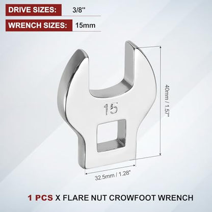 HARFINGTON Drive Crowfoot Wrench 3/8 Inch 15mm Metric Flare Nut Wrench CR-V Steel Electroplating Open End Crowfoot Spanner for Automotive Repair Mechanics, Bright Silver - size: 3/8 Inch x 15mm