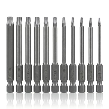 VESTTIO Security Torx Bit Set 11PCS 1/4 Inch Hex Shank 3 Inch/75 mm Length S2 Steel Extended Tamper Proof Star 6 Point with Magnetic for Power Screwdriver Drill Impact Driver - size: T6-T40/3 inch