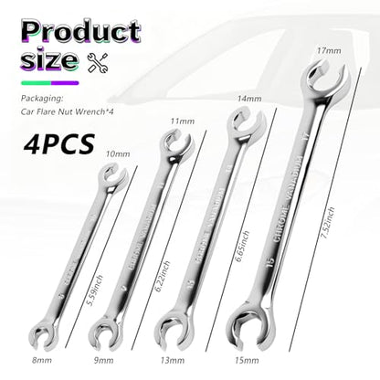 4PCS Carbon Steel Brake Line Wrench Set with 8mm/10mm/9mm/11mm/13mm/14mm/15 mm/17mm,Double-ended Offset Flare Nut Wrench Set for Detaching Nuts,Metric Flare Wrenches Sets for Car