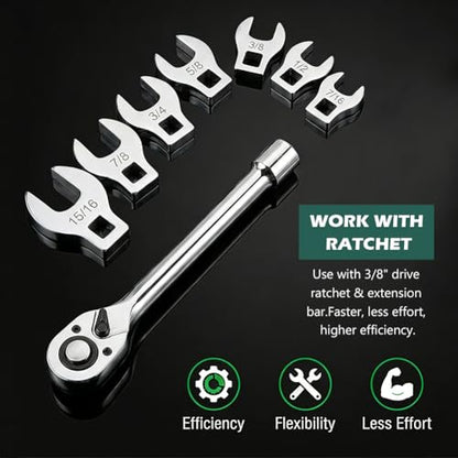 11-Piece Crowsfoot Wrenches Set, SAE Sizes from 3/8" to 1" Open-End Crowfoot Wrench Set with Organizer, Drive Flare Nut Wrench Tools for Automotive Repair Work