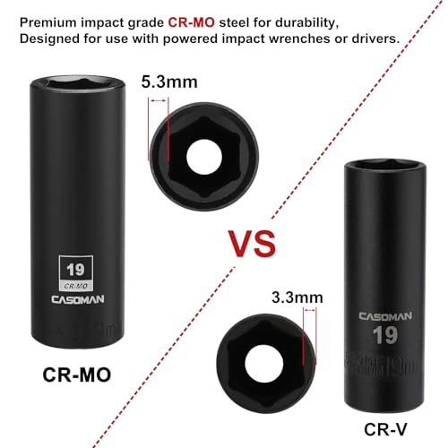 CASOMAN 1/2-Inch Drive x 19mm Deep Impact Socket, 6-Point, Metric, CR-MO - size: 19 mm (Deep), style: 6-Point Socket