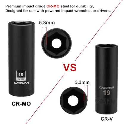 CASOMAN 1/2-Inch Drive x 19mm Deep Impact Socket, 6-Point, Metric, CR-MO - size: 19 mm (Deep), style: 6-Point Socket