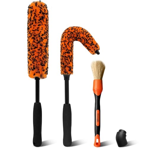 YeewayVeh 3PCS Quick Car Wheel Brush Kit, 360° Bendable Rim Cleaner, Orange | 2-Size Flexible Rim Cleaning, Boars Hair Detailing Brush Included, Scratch-Free for Car & Motorcycle Wheel Tires - color: Orange, size: 3 Pack
