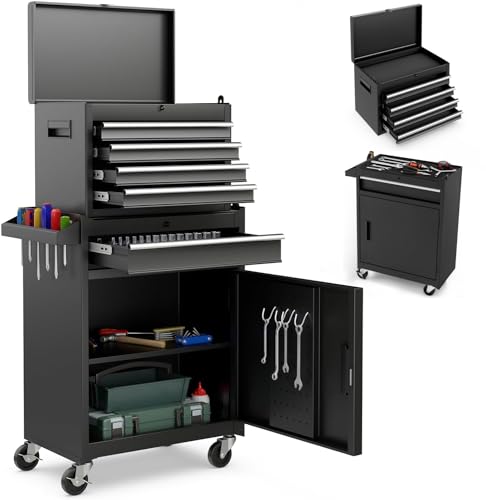 ERGOMASTER Tool Chest Heavy Duty Rolling Tool Box with Cabinet 5-Drawer for Lockable & Removable Cabinet for Garage and Workshop - Black - color: Black, size: 5-Drawers