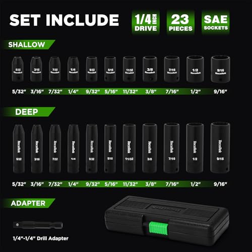 TecoTek 23 Pieces 1/4-Inch Drive Shallow and Deep 12-Point Impact Socket Set, CR-V, 5/32 to 9/16 in, SAE, 1/4"-1/4" Drill Adapter - size: 4 - 14 mm (23 PCS)