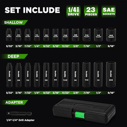 TecoTek 23 Pieces 1/4-Inch Drive Shallow and Deep 12-Point Impact Socket Set, CR-V, 5/32 to 9/16 in, SAE, 1/4"-1/4" Drill Adapter - size: 4 - 14 mm (23 PCS)