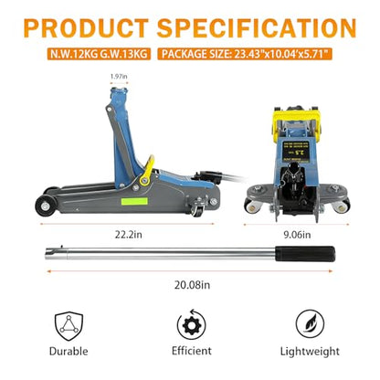 LARBANKE 2.5T Floor Jack, with Portable Carrying Handle and Reflective Strip, Lifting from 3.35" to 15.16", Low Profile Hydraulic Single Piston Quick Lift Pump, Blue