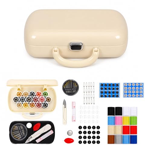 FKOG Sewing Project Kit, 151 Pcs Family Sewing Supplies Repair Organizer with Portable Retro Hard-Shell Case, 16 Multicolor Thread Spools, Needles, Buttons, and Accessories (Creamy White) - style: Creamy white