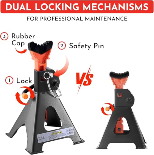 3.0 Ton Jack Stand (6000 lbs Capacity) with Double Lock and Rubber Cap to Lift Car SUV Truck MPV RV, Self-Locking Ratcheting Heavy Duty Big Floor Jack Stands for Vehicles (Set of 2)