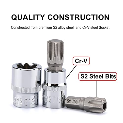 CASOMAN 34 Pieces 3/8-Inch Drive Torx Bit Socket and E-Torx (Star) Socket Set, CR-V & S2 Steel, E4-E20, T10-T60, Tamper Proof TT10-TT55, 5/16"F to 3/8"M Adapter