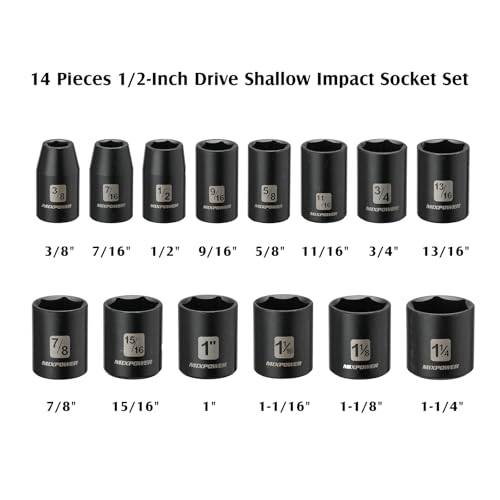 MIXPOWER 14 Pieces 1/2-Inch Drive Shallow Impact Socket Set, 3/8-Inch to 1-1/4 Inch, CR-V, SAE, 6 Point, Shallow, 14 Pieces 1/2" Dr. Shallow Socket - size: 9.5 mm - 31.8 mm (Shallow, 14PCS)