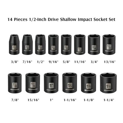 MIXPOWER 14 Pieces 1/2-Inch Drive Shallow Impact Socket Set, 3/8-Inch to 1-1/4 Inch, CR-V, SAE, 6 Point, Shallow, 14 Pieces 1/2" Dr. Shallow Socket - size: 9.5 mm - 31.8 mm (Shallow, 14PCS)