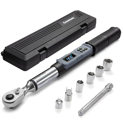 GROWNEER Digital Torque Wrench, 5-99.6 Ft-lbs/6.8-135 Nm, 3/8'' Drive Rachet Torque Wrench with Buzzer & Colorful LED Indicator, Electronic Torque Wrench Set for Bike Motorcycle Car Tire Auto Repair - color: Black, size: 5-99.6 Ft-lbs/6.8-135 Nm