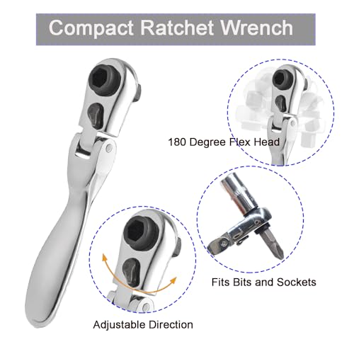 Mini ratchet screwdriver Set, Right Angle Screwdriver set with 1/4 Mini Flex Ratchet Wrench and Bits Sockets for Tight Spaces(Ratchet wrench with bits and socket)