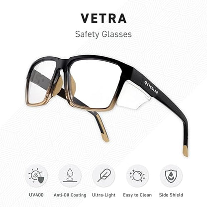 VETRA Z87+ Certified Safety Glasses HD High Contrast UV400 Side Shield Anti-Oil Coating Stylish Eyewear - color: Ink Clear