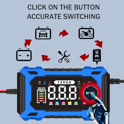 6-Amp 12V Smart Car Battery Charger, Battery Maintainer Trickle Charger with Desulfator, Pulse Repair & Overcharge Protection - for Car Lawn Mower Marine Lead-Acid Batteries (Blue) - color: Blue