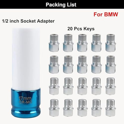 21PCS Wheel Lock Removal Kit, BMW Wheel Lock Key Automotive Wheel Anti-Theft Lock Lug Nut Screw Remover Key Socket Tool Set with 1/2 inch (12.7mm) Socket Adapter Compatible for BMW & Mini Series