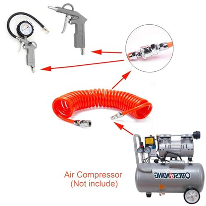 7-Piece Multi-Purpose Air Compressor Accessory Kit, Air Blow Gun and Extendable Air Nozzles, 5 Meter Long PU Air Hose, 100PSI Tire Pressure Gauge with Inflator, 1/4" NPT Air Coupler