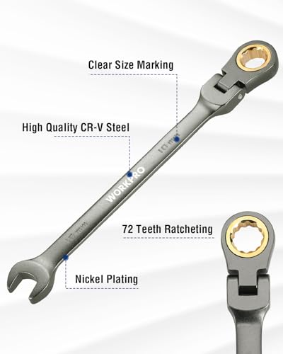 WORKPRO 10 mm Flex-Head Ratcheting Combination Wrench, Cr-V Constructed, Nickel Plating, 72-Teeth, 12 Point Design, Metric - size: 10 mm, style: Nickel Plating