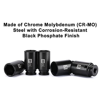 Mayouko 9PCS 1/2 Inch Drive Deep Impact Socket Set, 29-38MM, Spindle Axle Nut Sockets, Metric, Deep, 6-Point, CR-MO - size: 1.142" - 1.496" (9 Pieces)