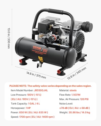 VEVOR Air Compressor, 1 Gallon Steel Tank, 1HP 1.5CFM @ 90PSI Oil Free Air Compressor & Max. 120PSI Pressure, 78dB Ultra Quiet Portable Compressor for Auto Repair, Tire Inflation, Spray Painting, 120V - size: 1 Gallon