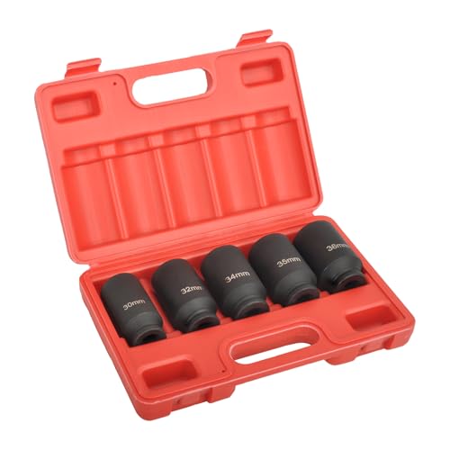 1/2" Drive 12-Point Cr-Mo Deep Axle Nut Impact Socket Set, 5PC | Heavy-Duty Cr-Mo Steel, Fits 30-36mm (5PC), 12-Point Anti-Round-Off Design, Clear Laser Markings, Carrying Case Included - color: 5pcs