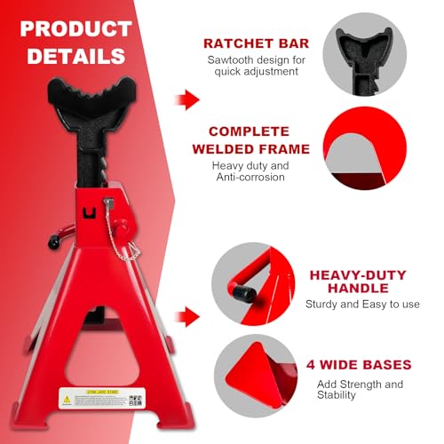 6 Ton Jack Stands (13,200 LBs Capacity) - Heavy Duty Car Jack Stands with Double Pin Locking, 15.6"-23.4" Adjustable Height, Extra Rubber Pads for Trucks, Garage, Vehicle Lifting, 1 Pair Red - color: Red, size: 6 Ton Jack Stands with Rubber Pads