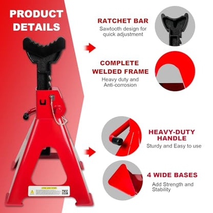 6 Ton Jack Stands (13,200 LBs Capacity) - Heavy Duty Car Jack Stands with Double Pin Locking, 15.6"-23.4" Adjustable Height, Extra Rubber Pads for Trucks, Garage, Vehicle Lifting, 1 Pair Red - color: Red, size: 6 Ton Jack Stands with Rubber Pads