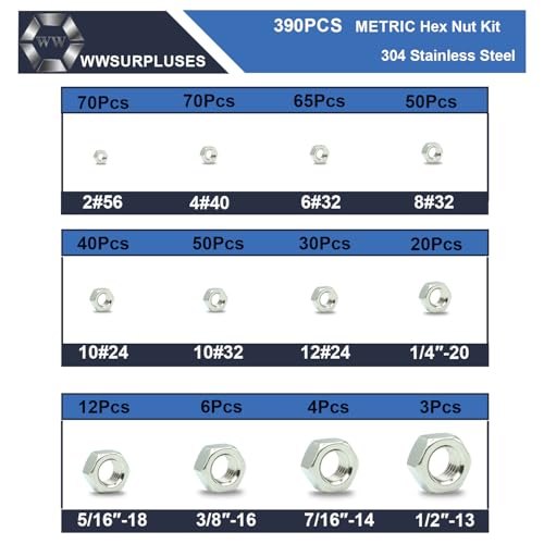 420 Pack SAE Hex Nuts Assortment Kit, 2#56 4#40 6#32 8#32 10#24 10#32 12#24 1/4"-20 5/16"-18 3/8"-16 7/16"-14 1/2"-13 304 (A2-70) Standard Inch Coarse Thread Hardware Nuts - size: SAE (420Pcs)