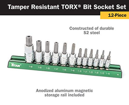 Titan 16121 12-Piece Tamper Resistant Torx Bit Socket Set, Magnetic Socket Organizer with Laser-Etched Size Markings - style: TR Torx