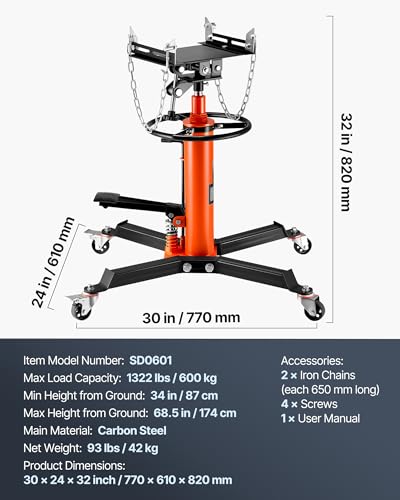 VEVOR Transmission Jack, 1322 LBS Hydraulic Telescoping Transmission Jack, 32"-67" High Lift Transmission Jack Stand with Foot Pedal, 360° Swivel Wheel - size: 1322 lbs